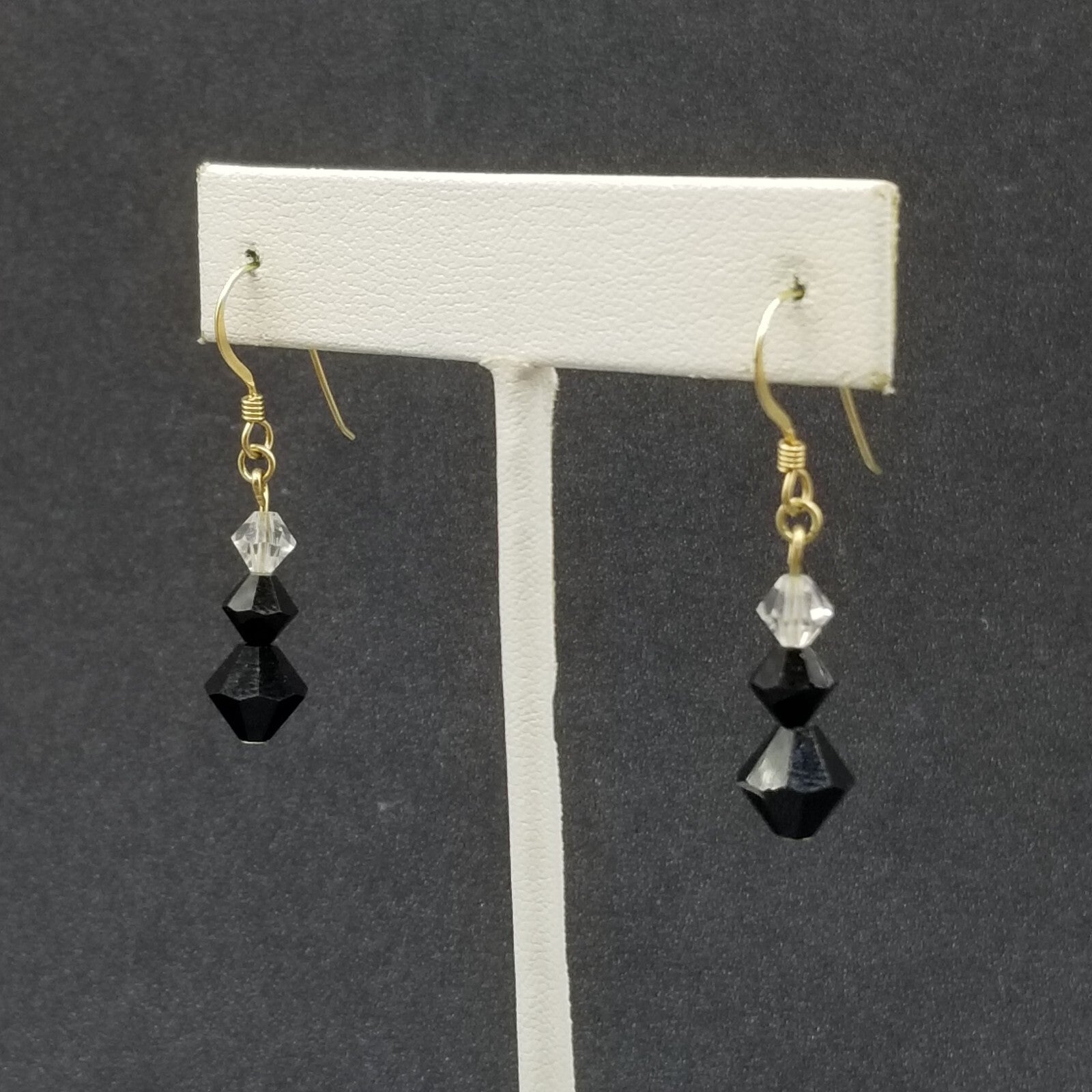 Pierced Earrings Gold tone Black Faceted Crystal Beaded Dangle 3/4"