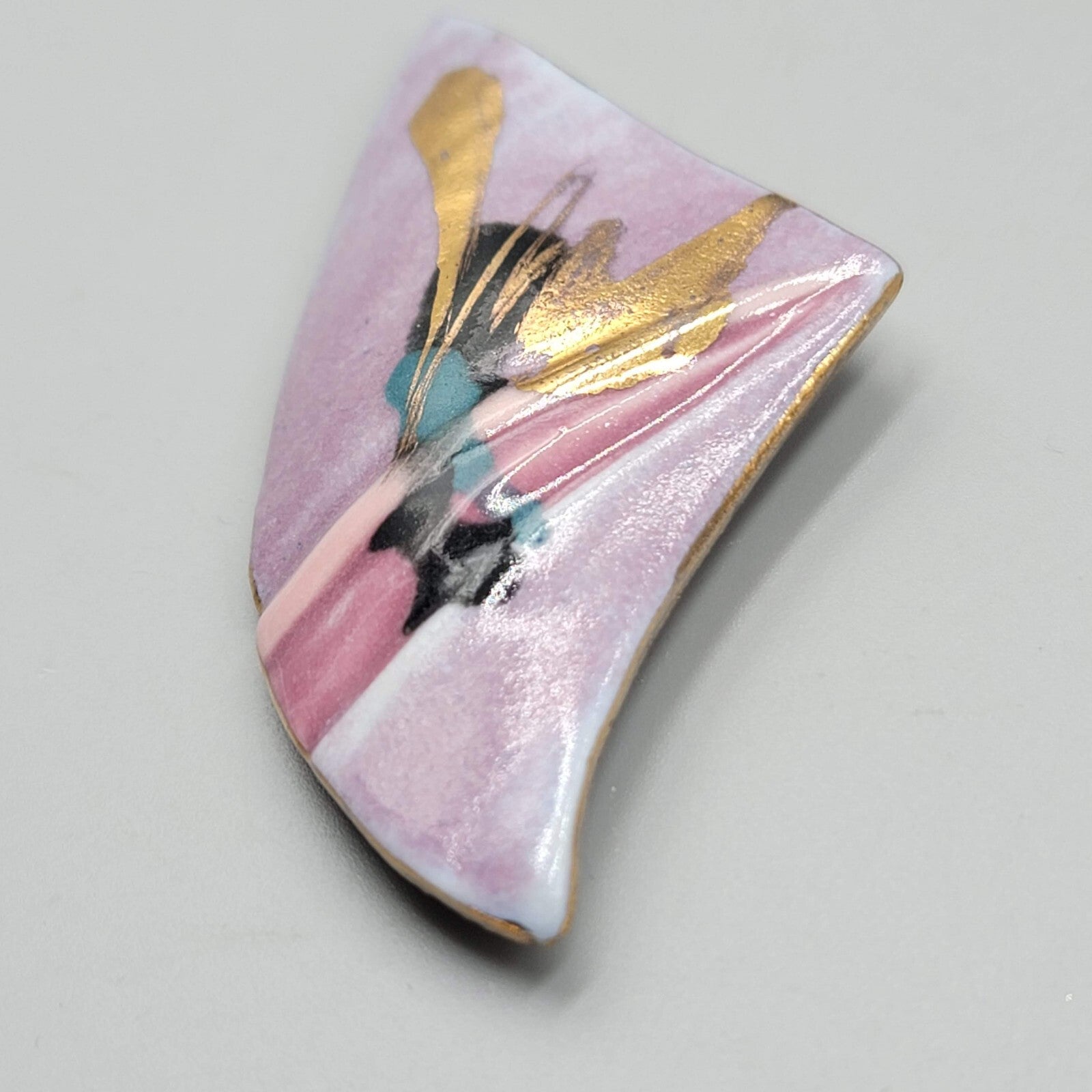 Ceramic Triangle Brooch Hand Painted Hand Made Artisan 3"