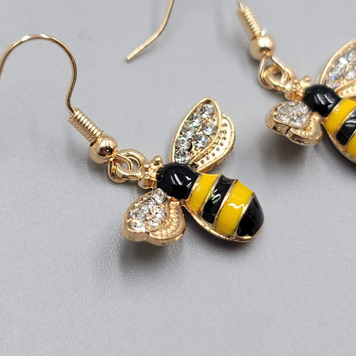 Bumble Bee Pierced Earrings Gold tone Rhinestone Yellow Enamel Dangle New 5/8"