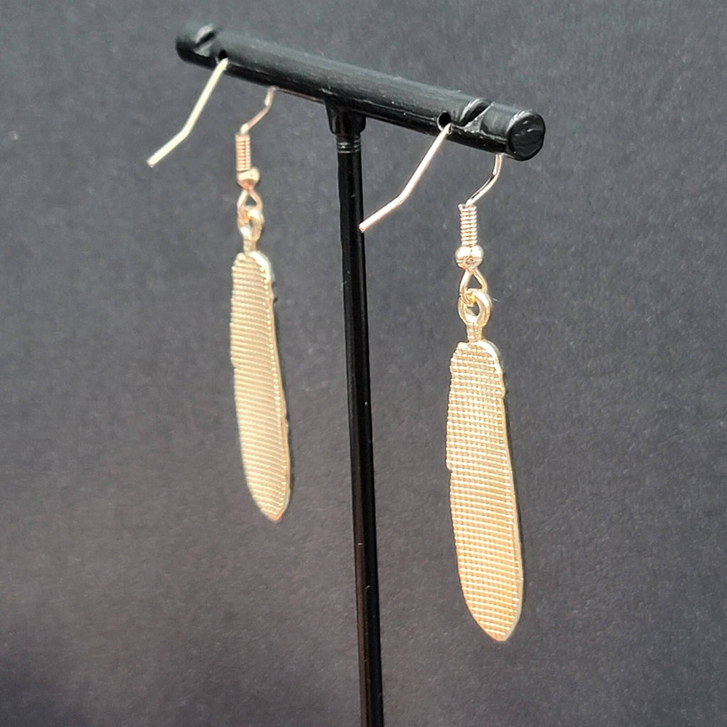 Metal Feather Pierced Earrings Cosmic Blue Galaxy Gold tone Dangle 1.5"