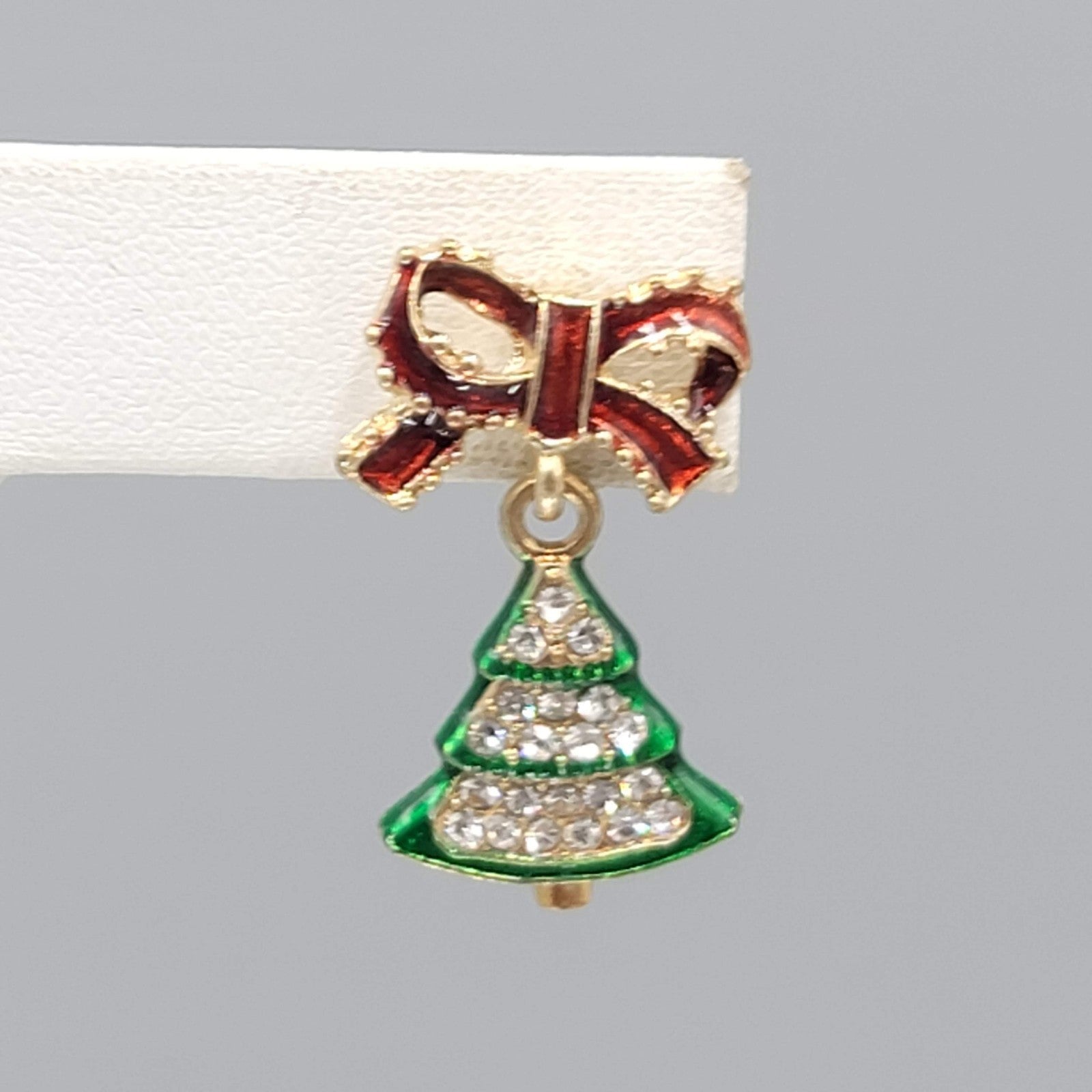 Christmas Tree Enamel Rhinestone Pierced Earrings Gold tone Dangle 1"