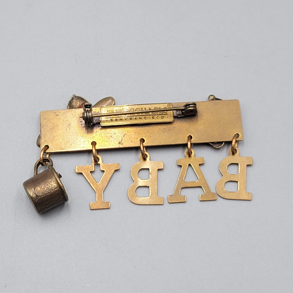Jan Michaels San Francisco Brooch BABY Charm Dangle Brass 2.25"