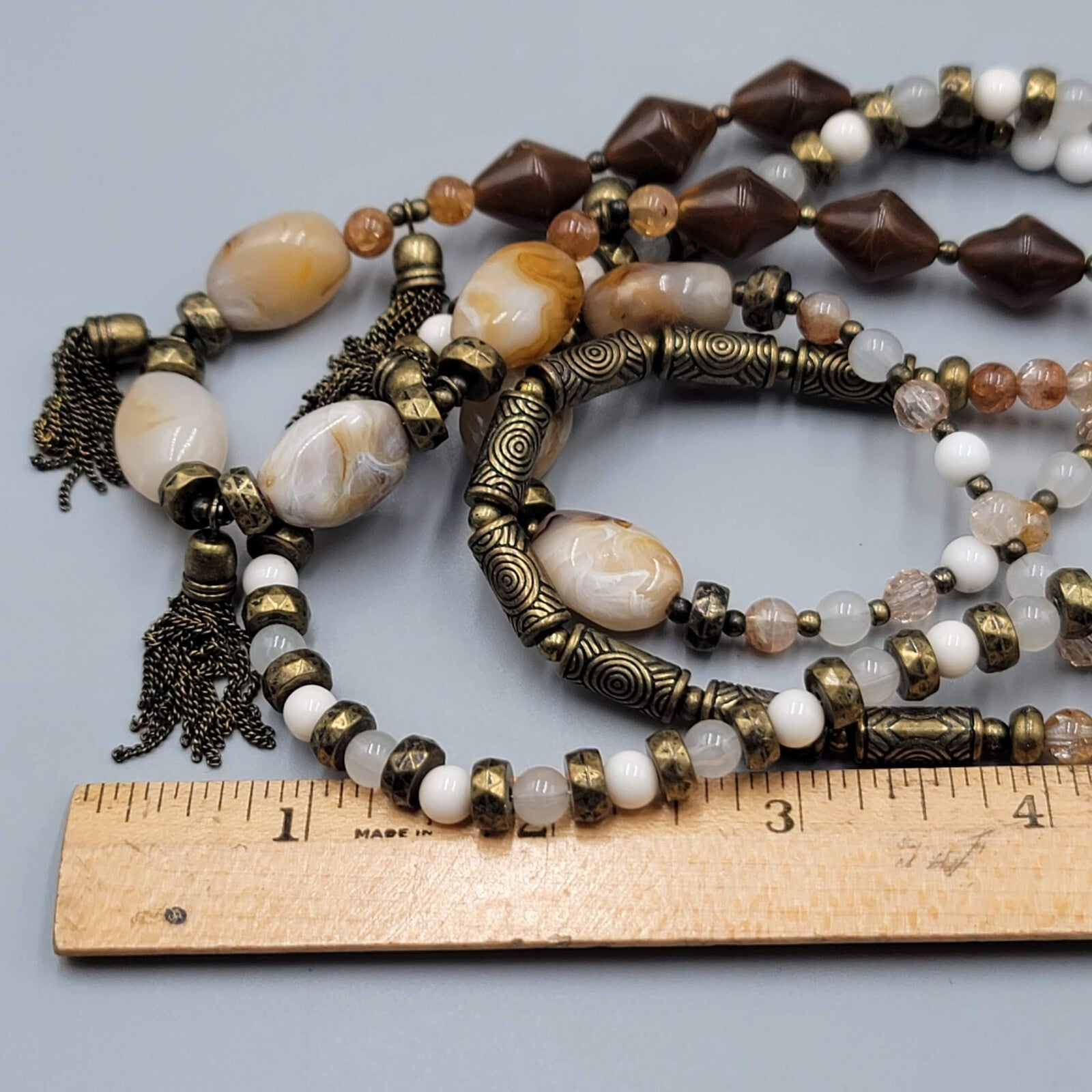 Premier Designs Necklace Bronze tone Brown White Bead 16"+