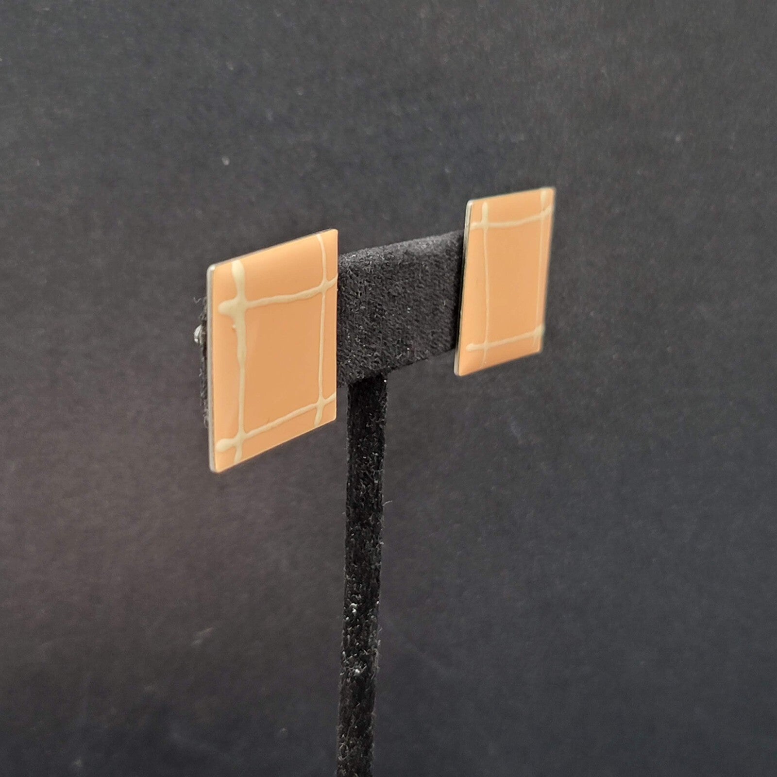 Vintage Pierced Earrings Peach Enamel Square Studs 7/8"