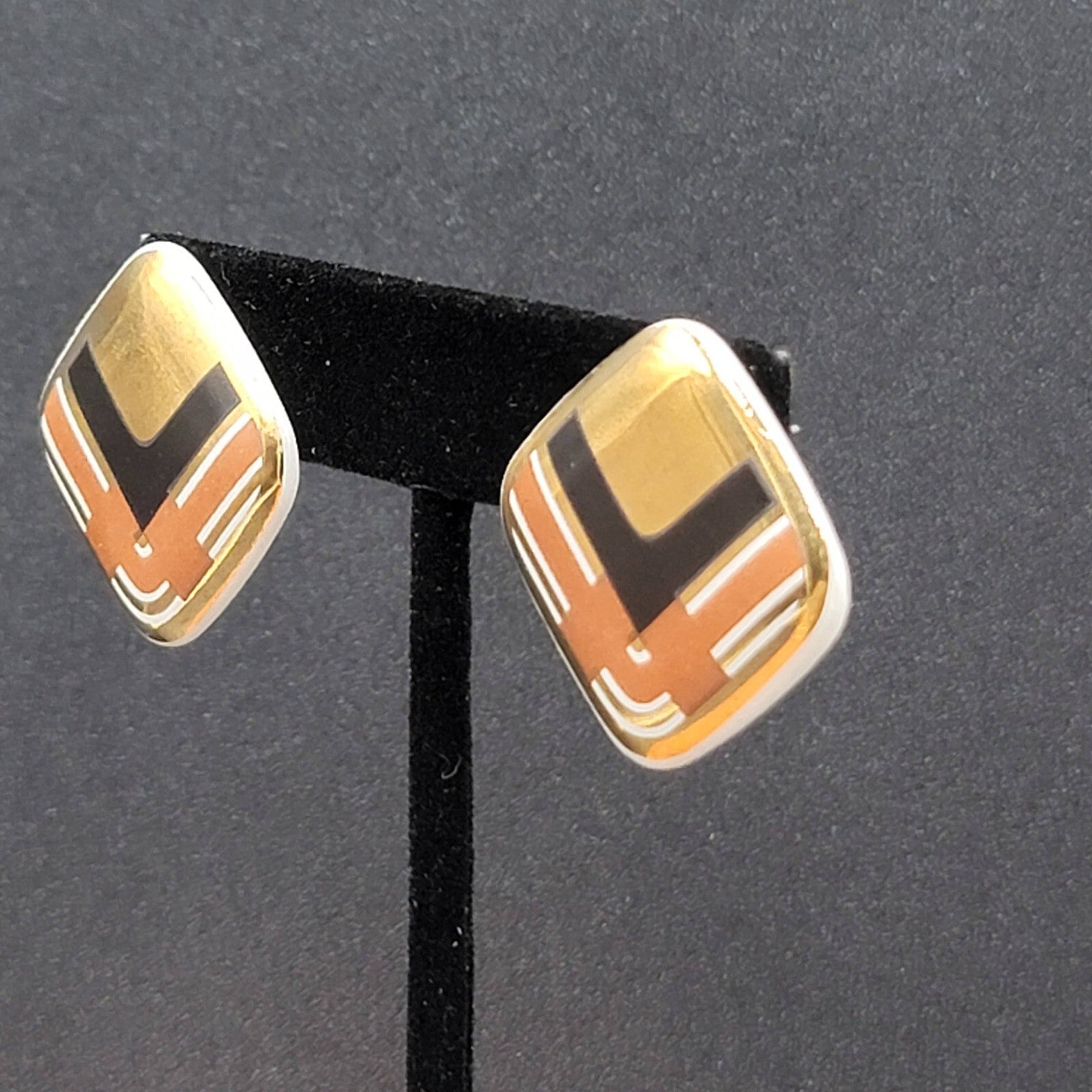 Vintage Pierced Earrings Ceramic Gold Black Brown Painted Square Drop 1"