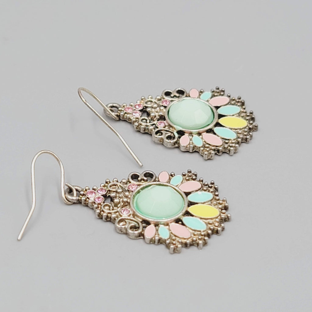 Pierced Earrings Silver tone Dangle Multi color Pastel Enamel Teardrop 1.25"
