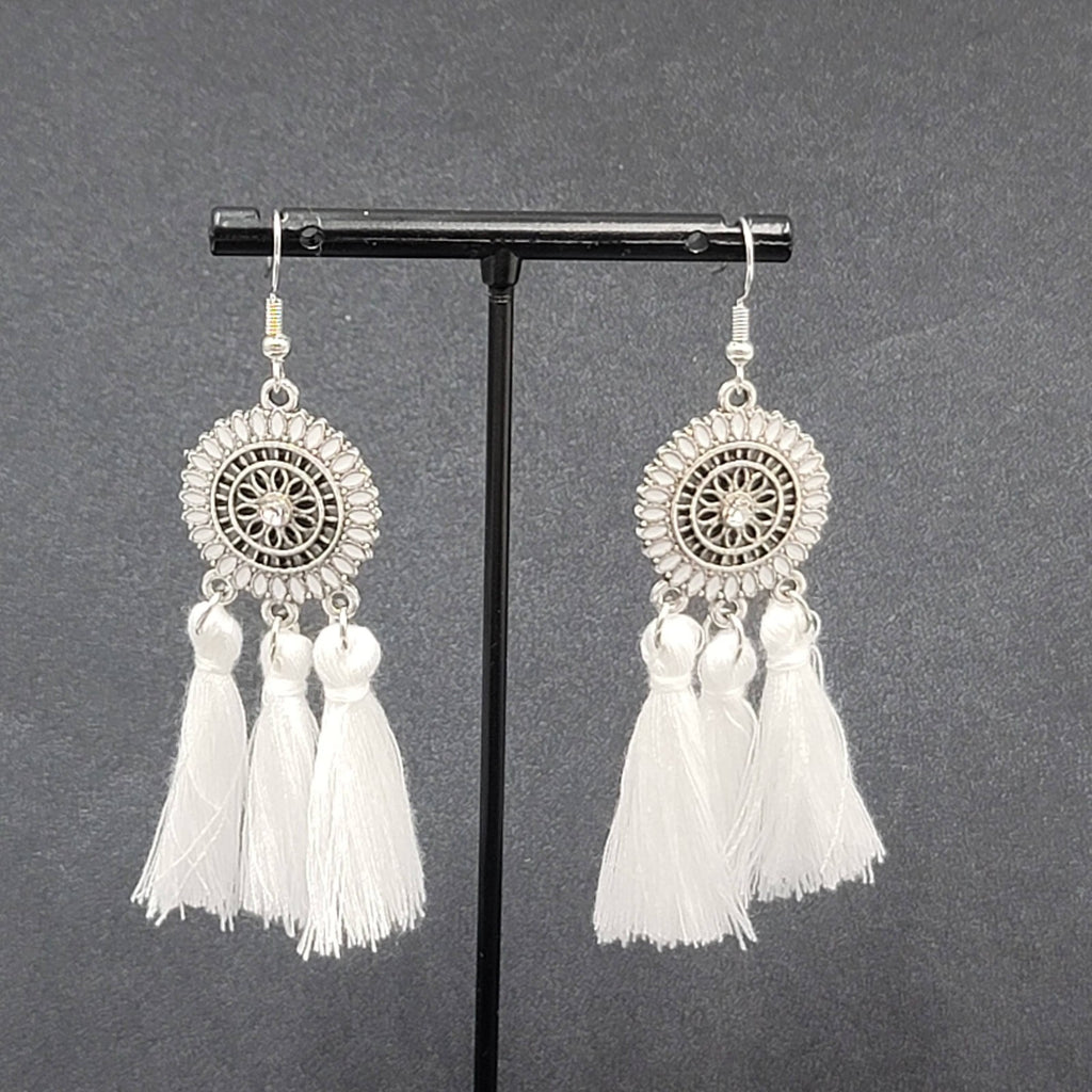 Pierced Earrings Silver tone Enamel Medallion Round Dangle White Tassel 2.5"
