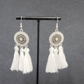 Pierced Earrings Silver tone Enamel Medallion Round Dangle White Tassel 2.5"