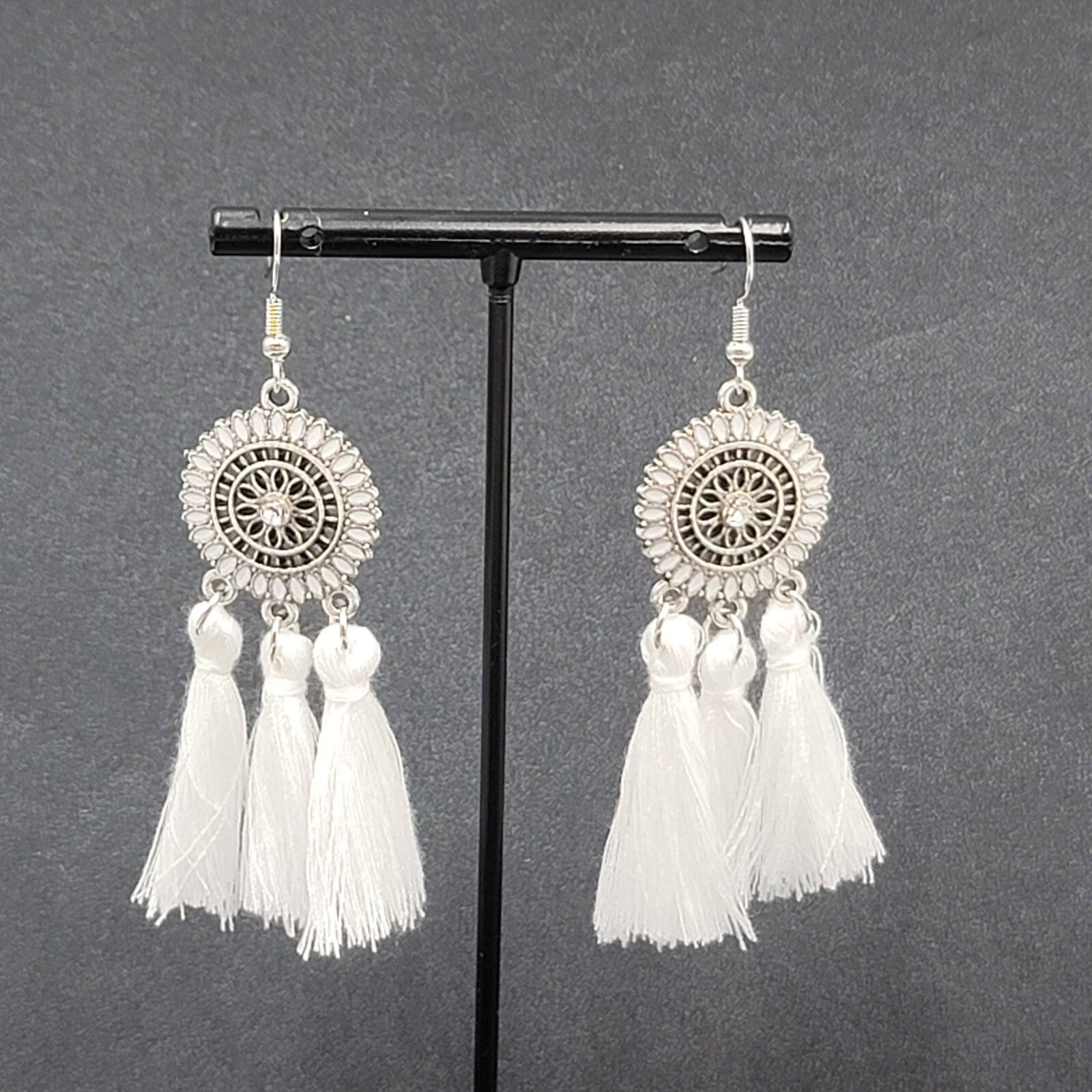 Pierced Earrings Silver tone Enamel Medallion Round Dangle White Tassel 2.5"