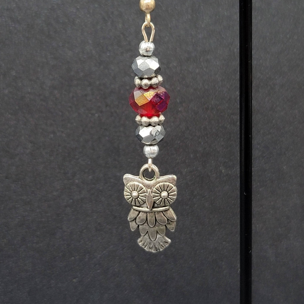 Owl Pierced Earrings Silver tone Red Bead Dangle 2"