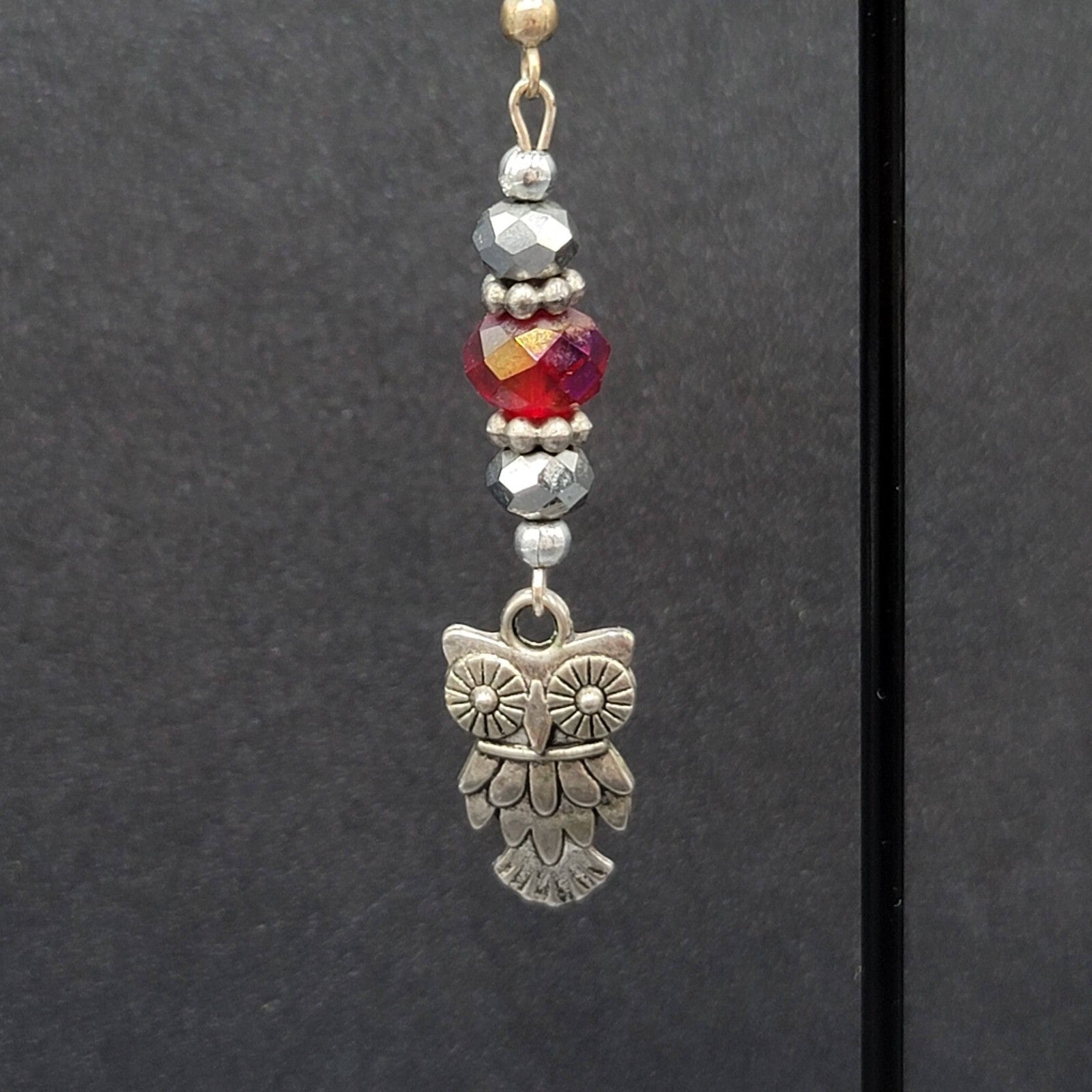 Owl Pierced Earrings Silver tone Red Bead Dangle 2"