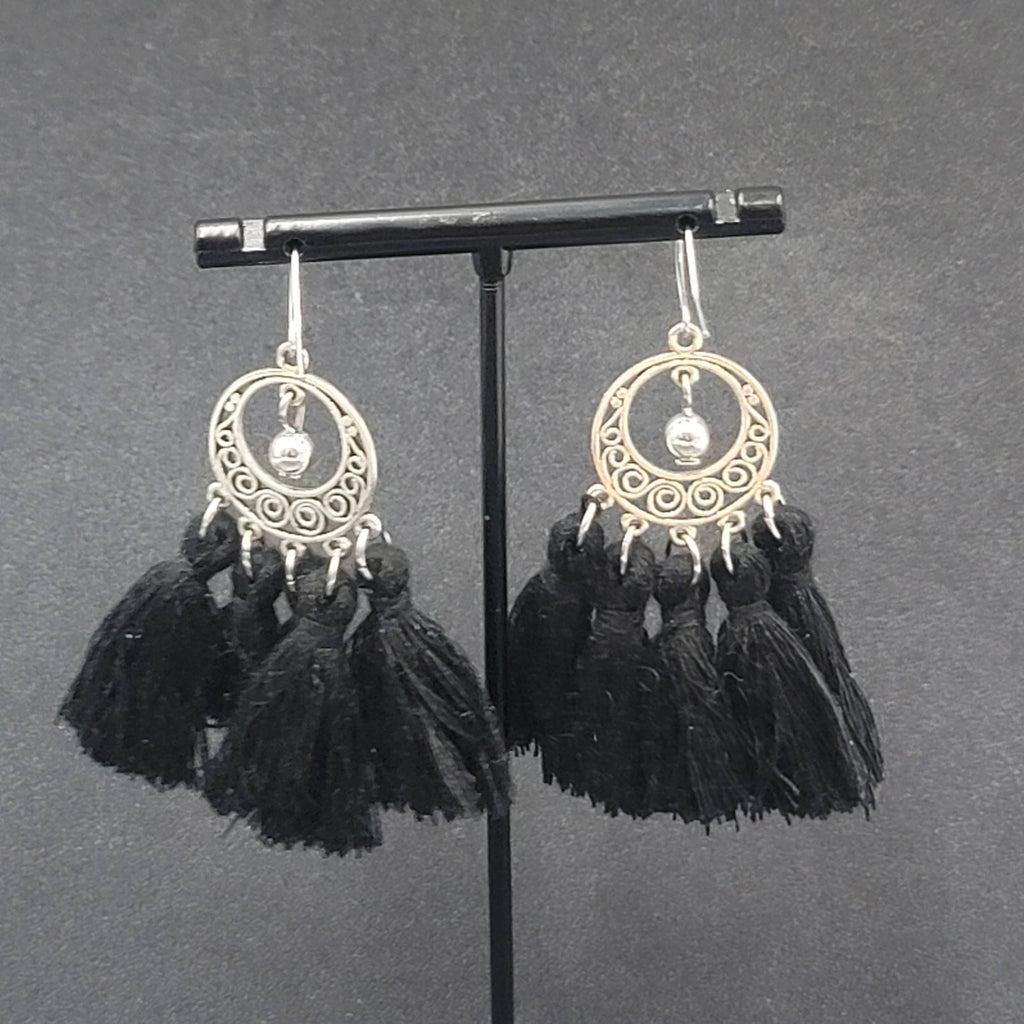 Pierced Earrings Silver tone Black String Tassel Dangle 2.25"