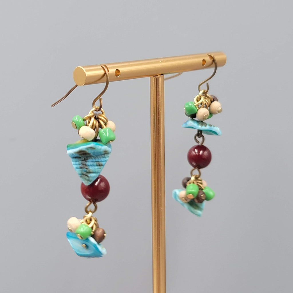 Real Shell Wood Glass Bead Pierced Earrings Silver tone Dangle 1.75"