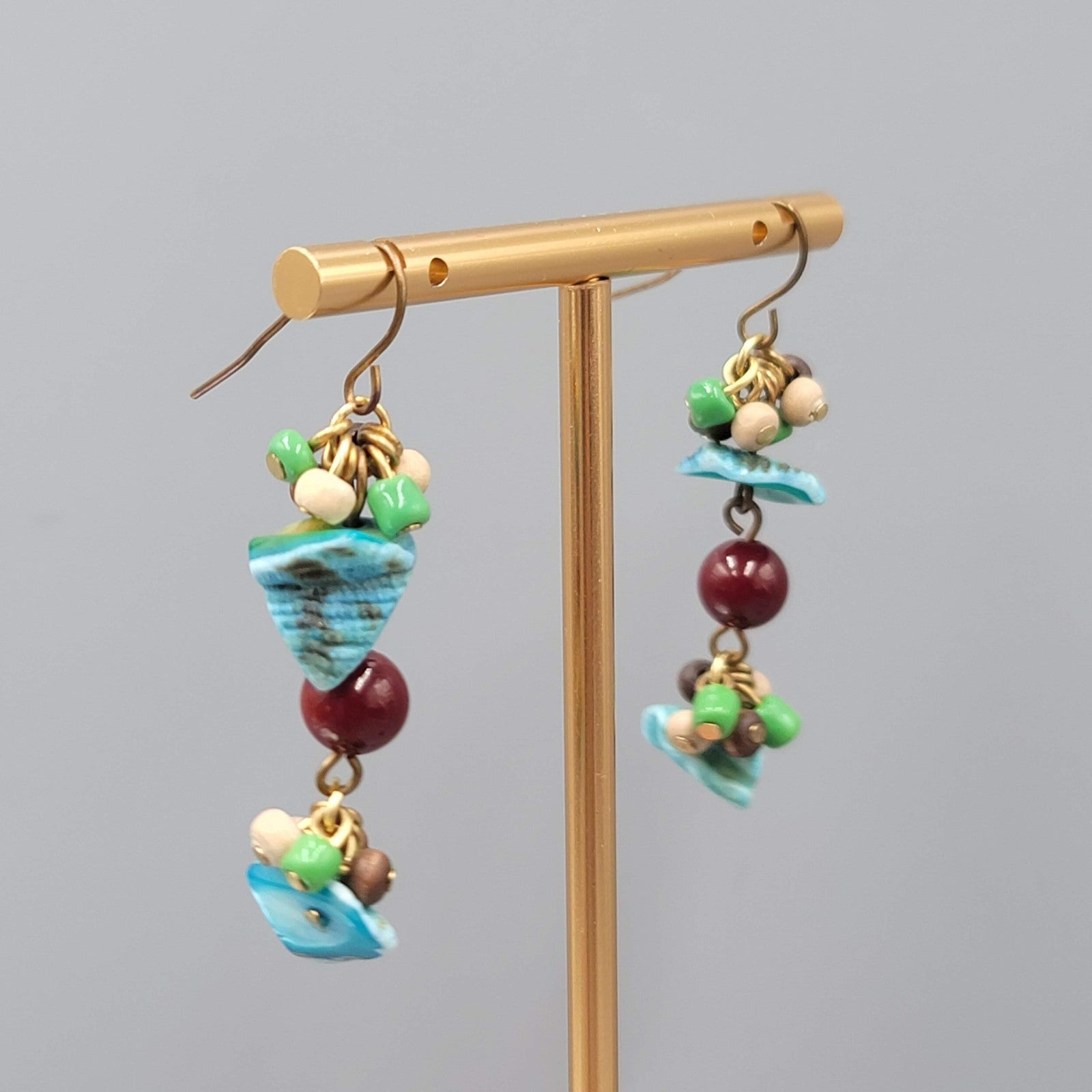 Real Shell Wood Glass Bead Pierced Earrings Silver tone Dangle 1.75"