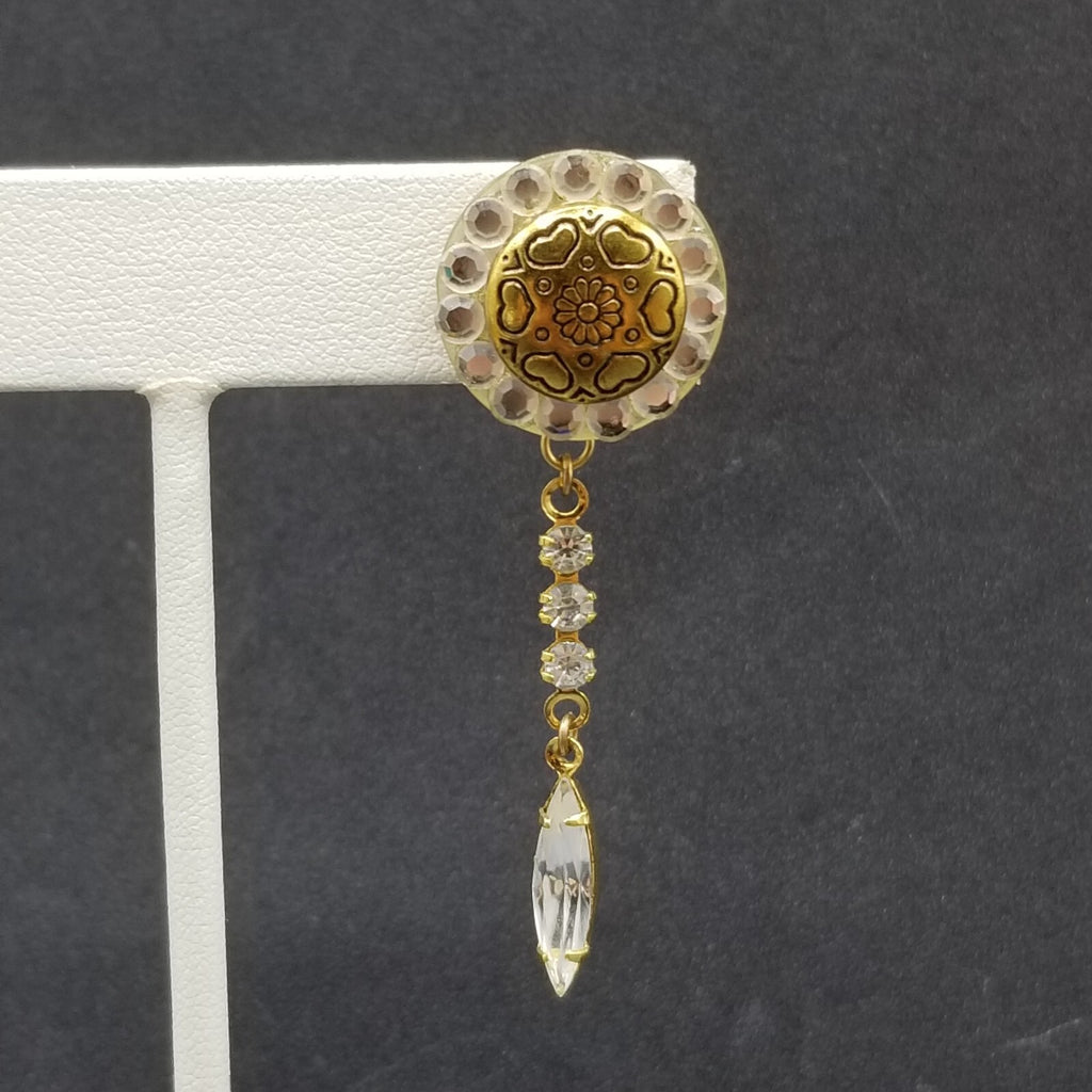 Pierced Earrings Gold tone Heart Flower Button Faceted Crystal Dangle 2 1/4"