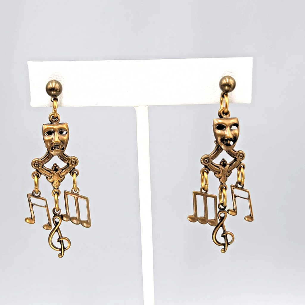 Vintage Music Drama Theme Pierced Earrings Bronze tone Dangle 2 in