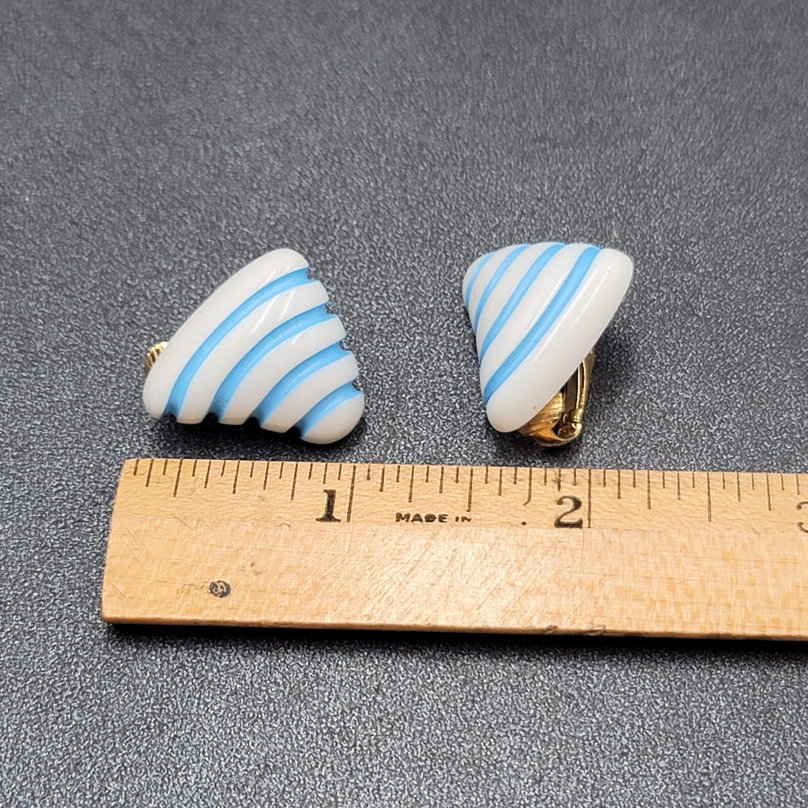 Vintage Clip on Earrings White Blue Stripes Acrylic Triangle 7/8"