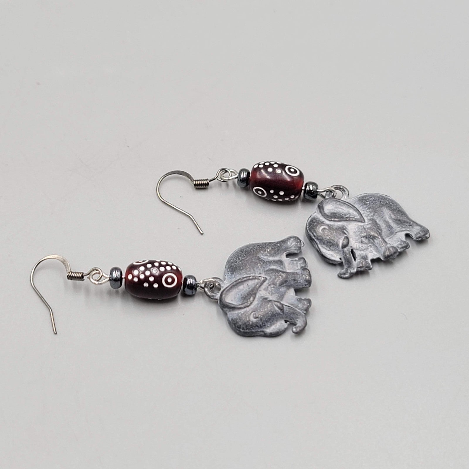 Elephant Pierced Earrings Silver tone Dangle Red Bead  1.75"