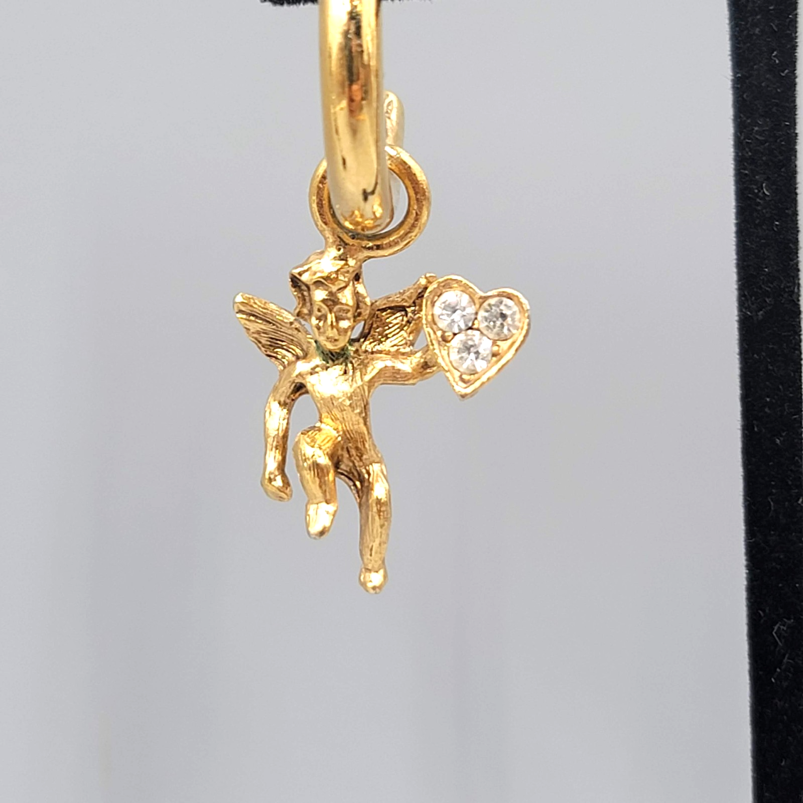 Vintage Angel Heart Hoops Pierced Earrings Gold tone Dangle Rhinestone 2"