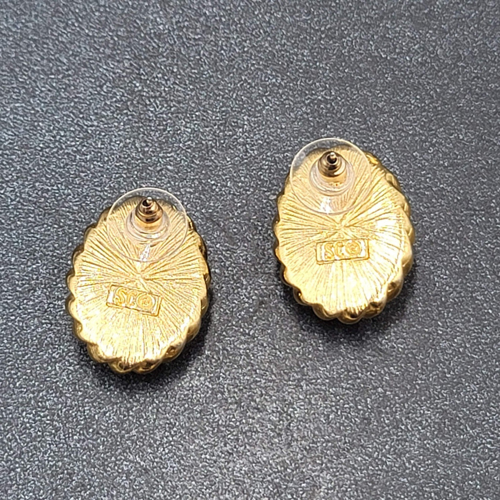 SC Pierced Earrings Gold Plated White Cabochon  7/8"