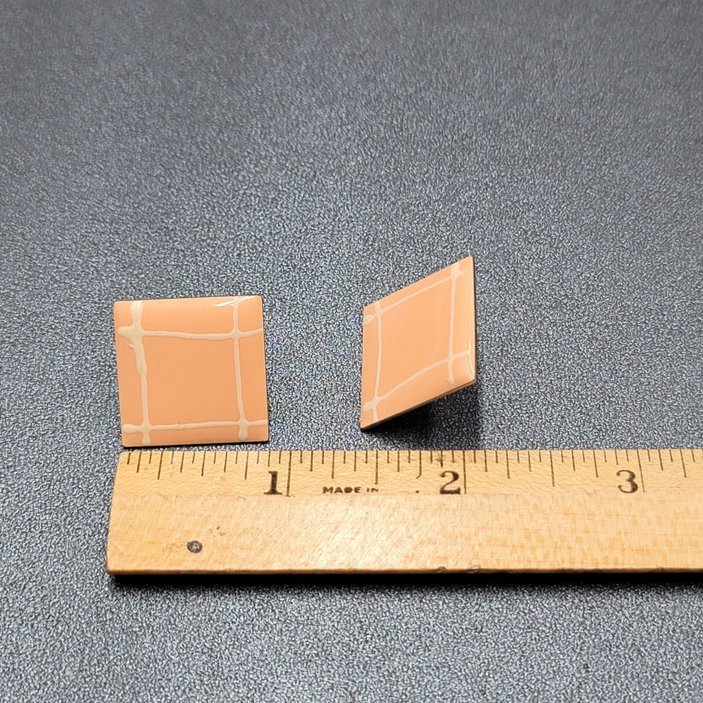 Vintage Pierced Earrings Peach Enamel Square Studs 7/8"