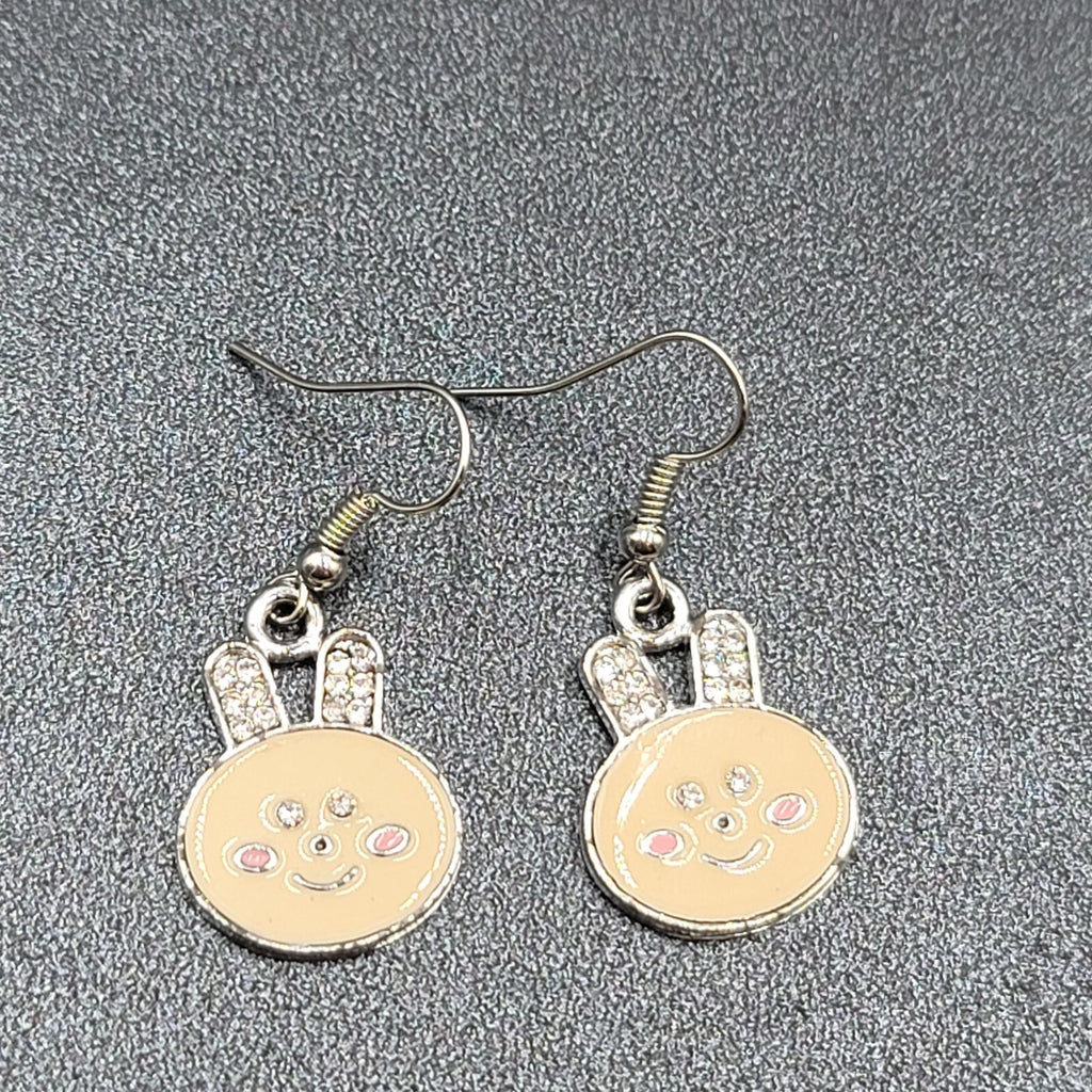Bunny Pierced Earrings Dangle Silver tone Enamel Rhinestone 1"