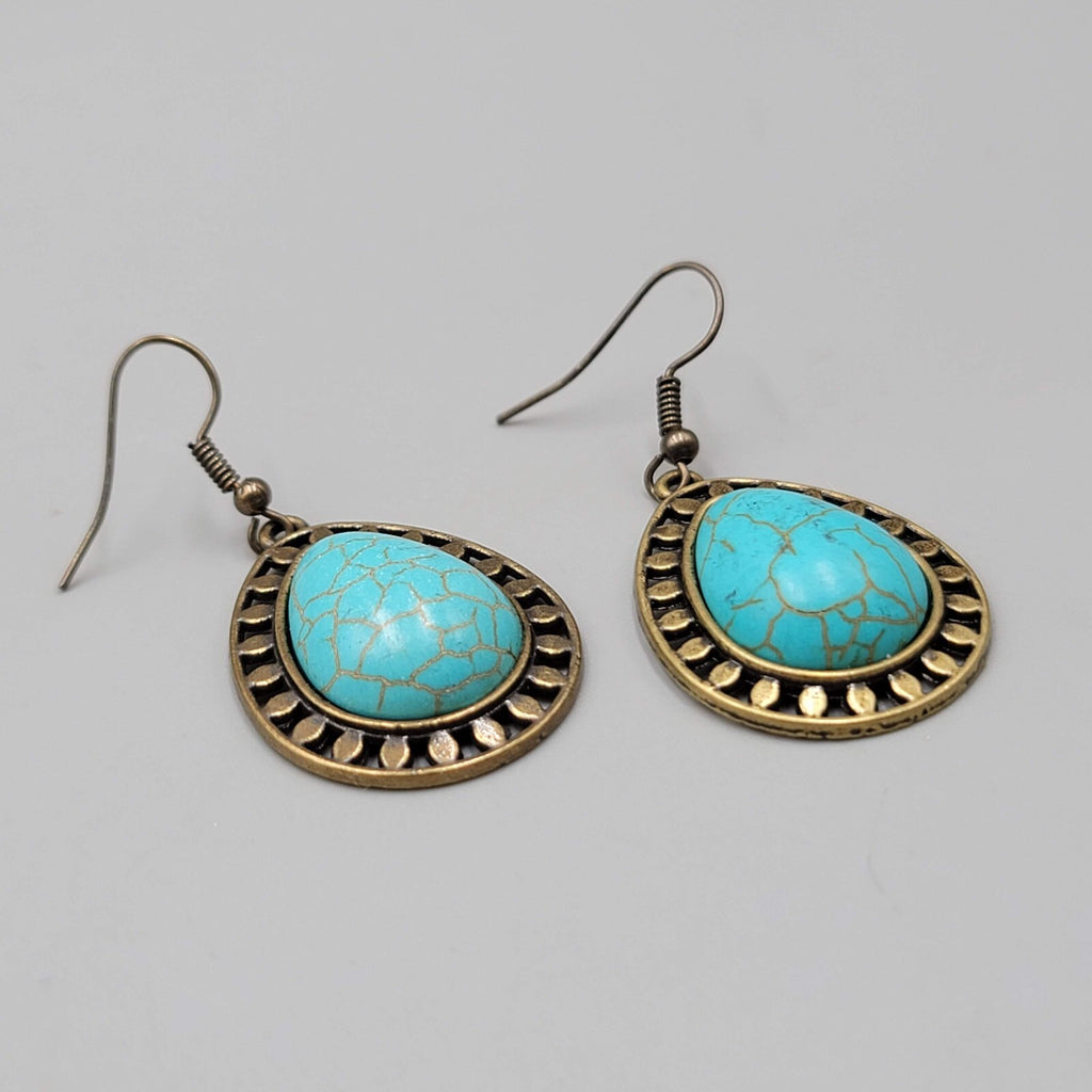 Teardrop Pierced Earrings Bronze tone Blue Howlite Dangle 1 1/8"