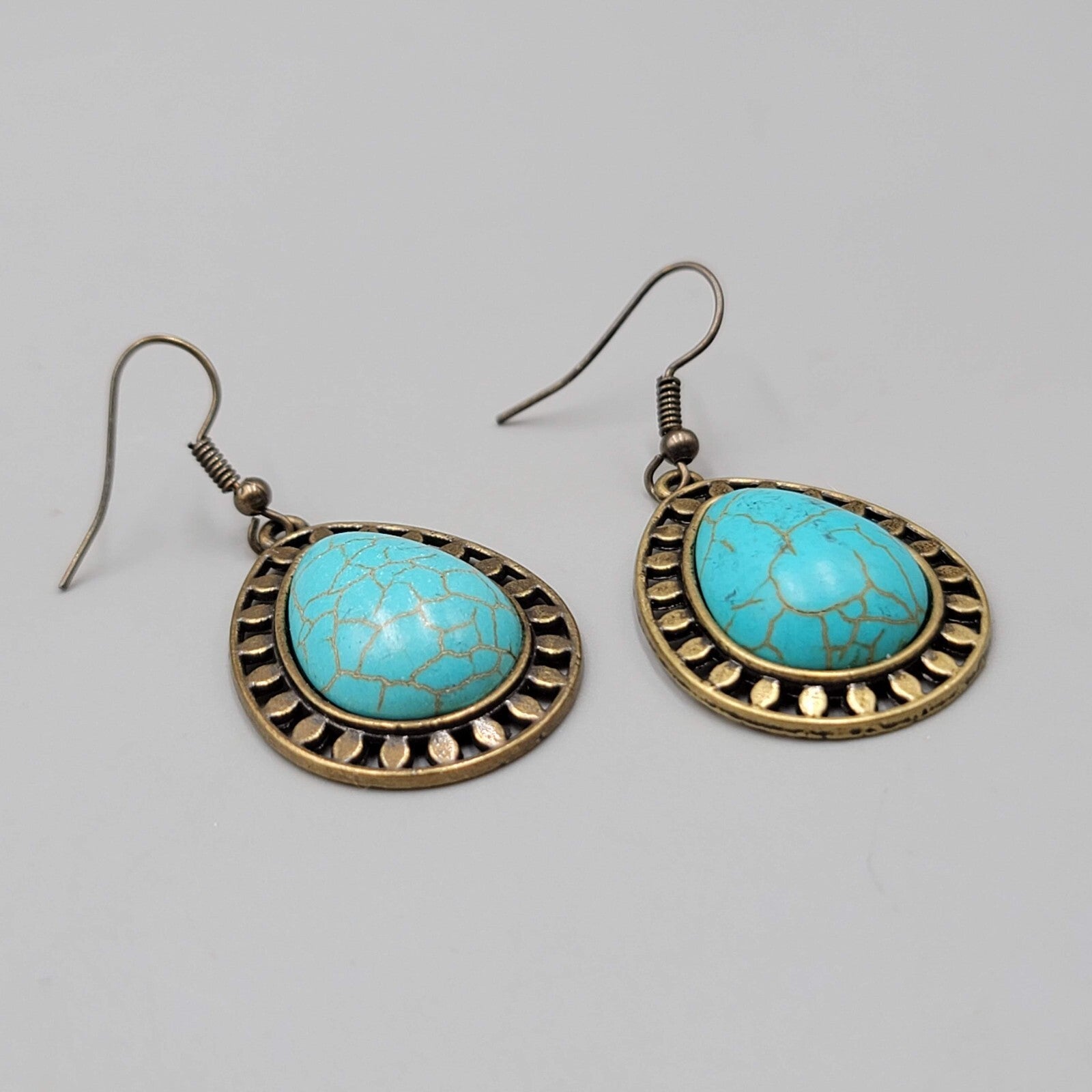 Teardrop Pierced Earrings Bronze tone Blue Howlite Dangle 1 1/8"