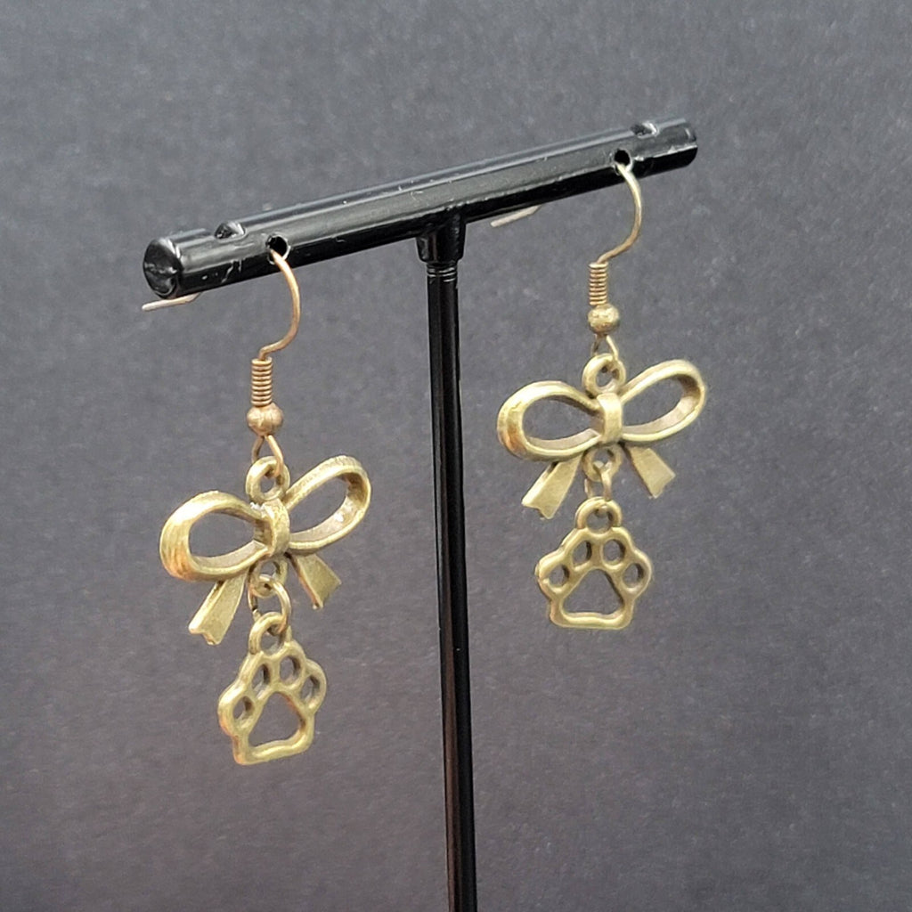 Pierced Bow Dog Paws Earrings Bronze tone Dangle 7/8"
