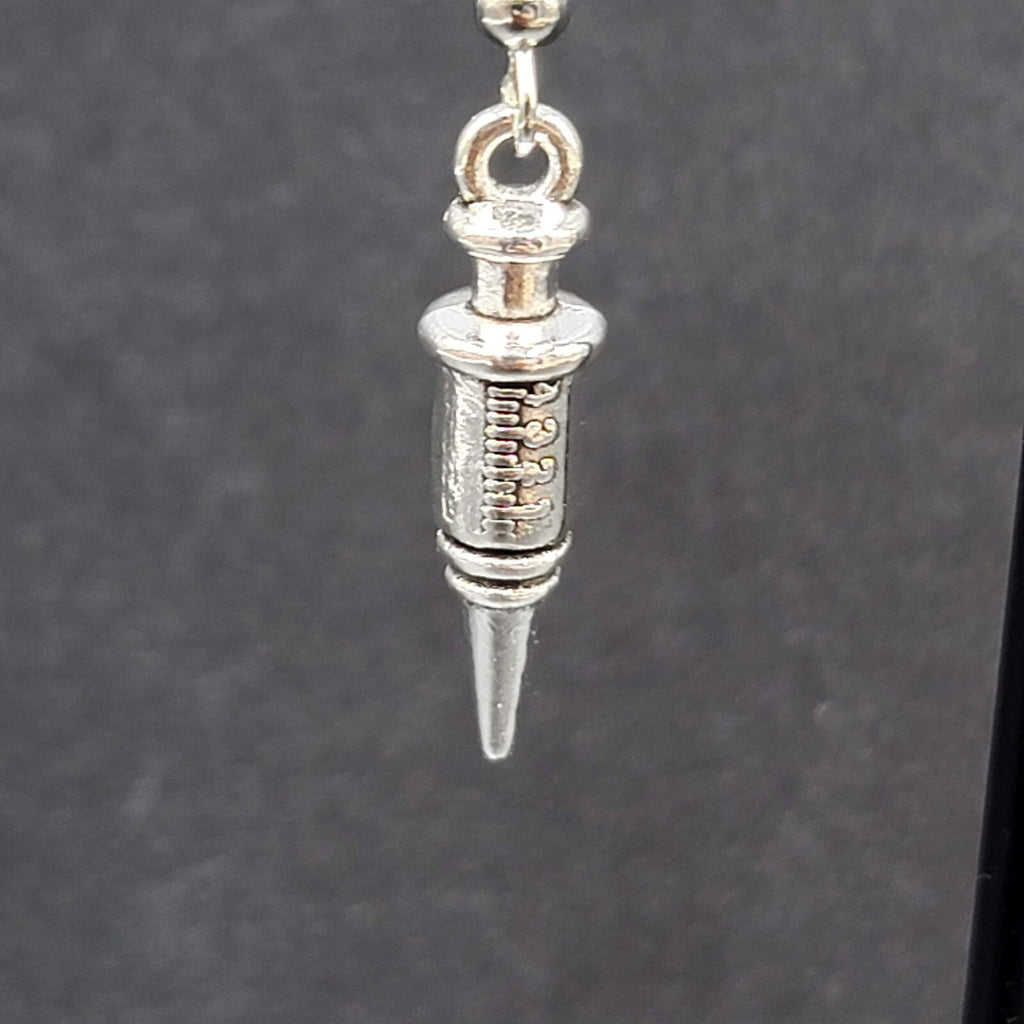 Syringe Nurse Pierced Earrings Silver tone Medical Dangle 1"