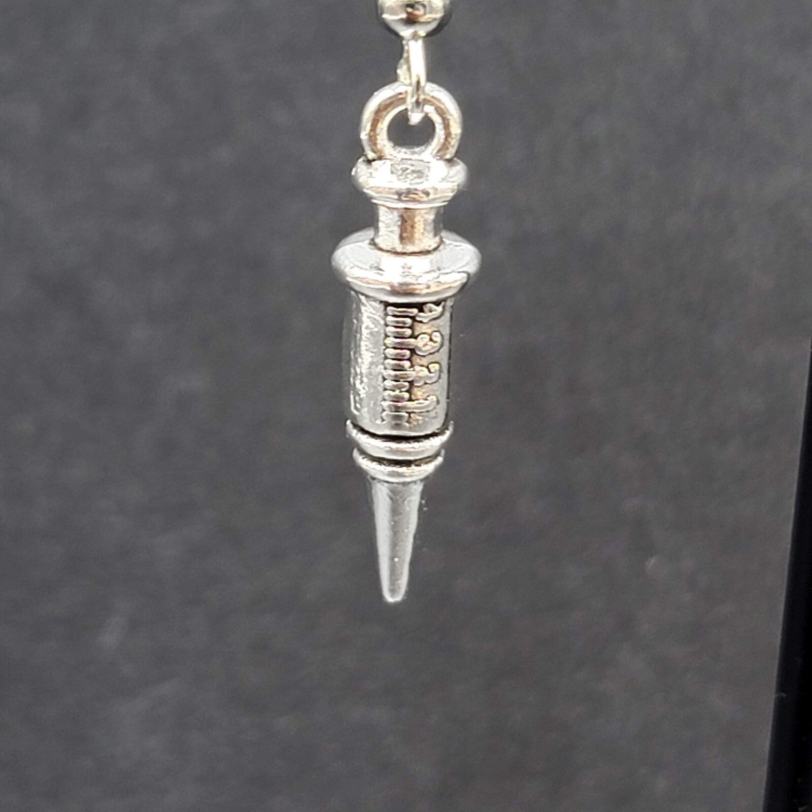 Syringe Nurse Pierced Earrings Silver tone Medical Dangle 1"
