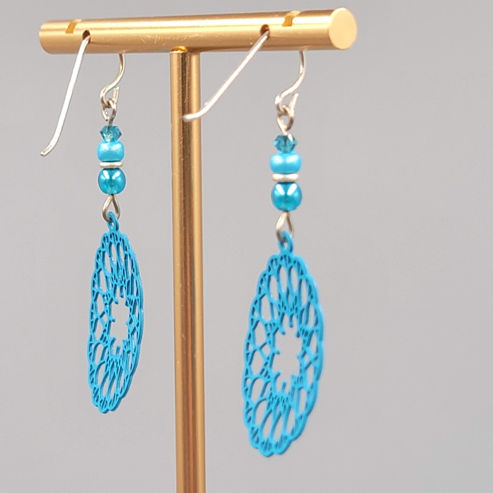 Blue Laser Cut Metal Open Work Pierced Earrings Bead Silver tone Dangle 1.75"