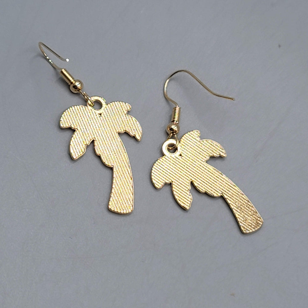 Enamel Palm Tree Pierced Earrings Island Vacation Gold tone Dangle 1 1/8"
