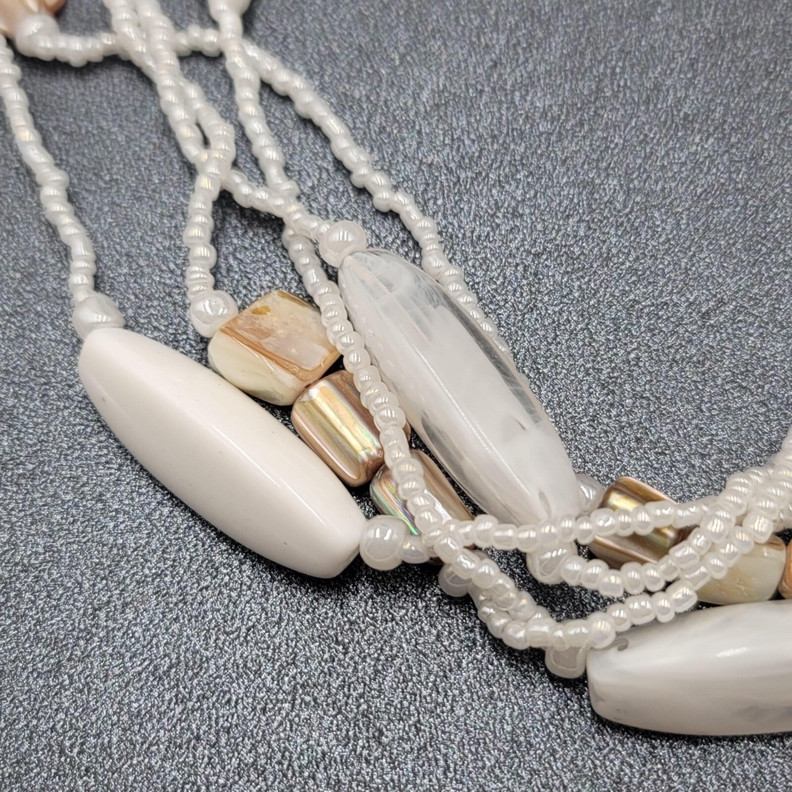 White Bead Beaded Necklace Gold tone Barrel Clasp  18"-21"
