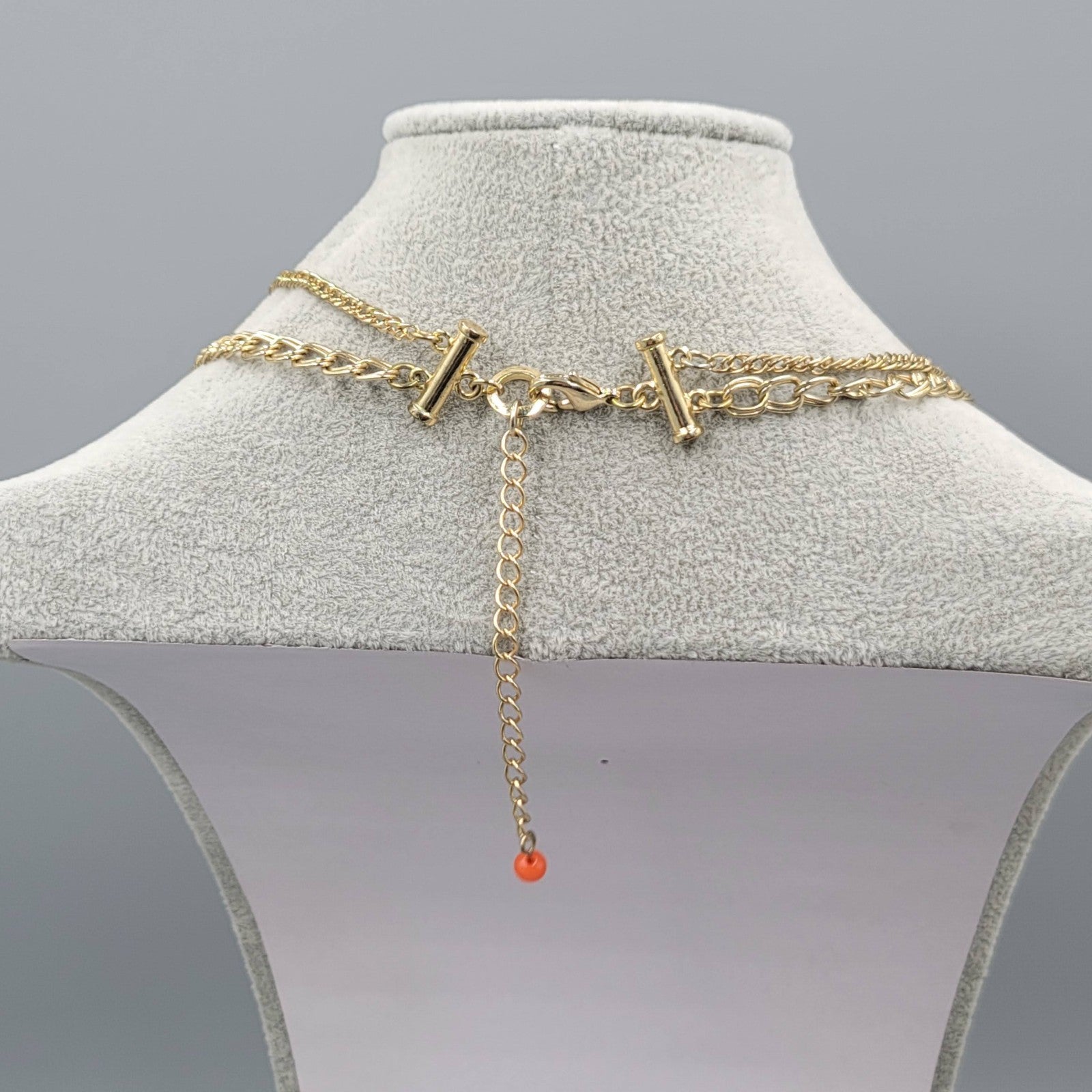 Statement Bib Necklace Pink Orange Gold tone Double Chain 18"-20"