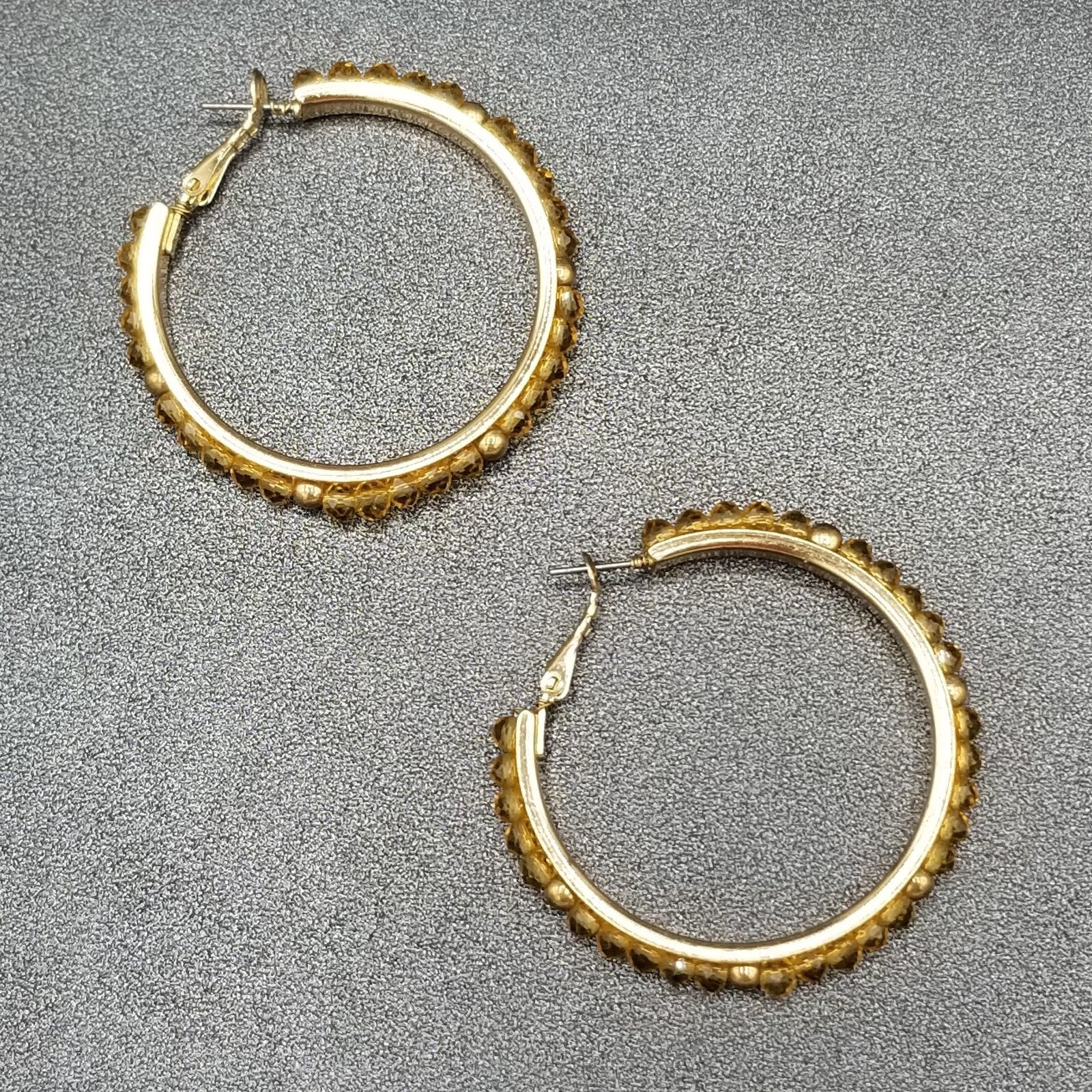 Pierced Earrings Gold tone Faceted Beaded Hoops 2"