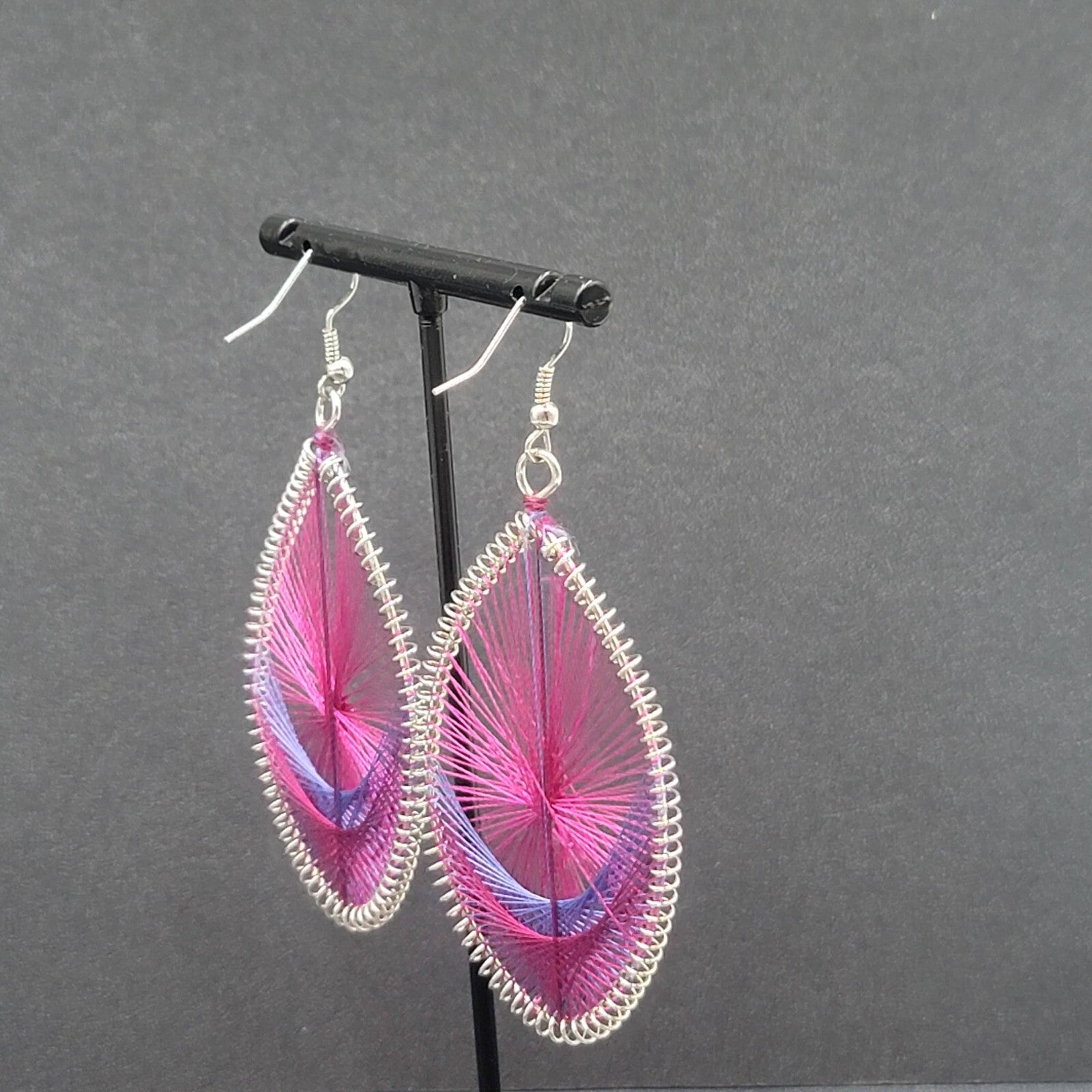 Pierced Earrings Silver tone Pink Purple String Art Dangle 2.5"