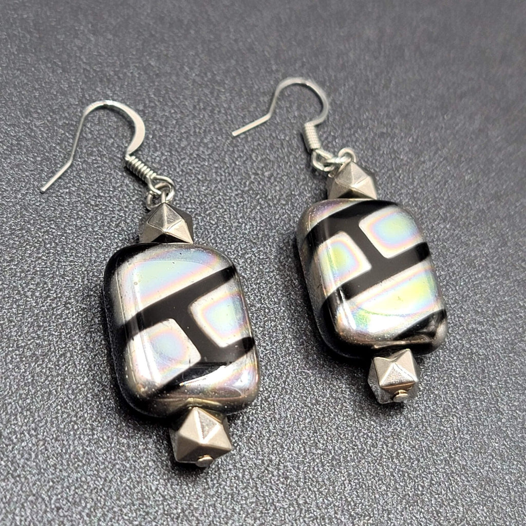 Pierced Earrings Unique Art Glass Beads Iridescent Rectangles 1 3/8"