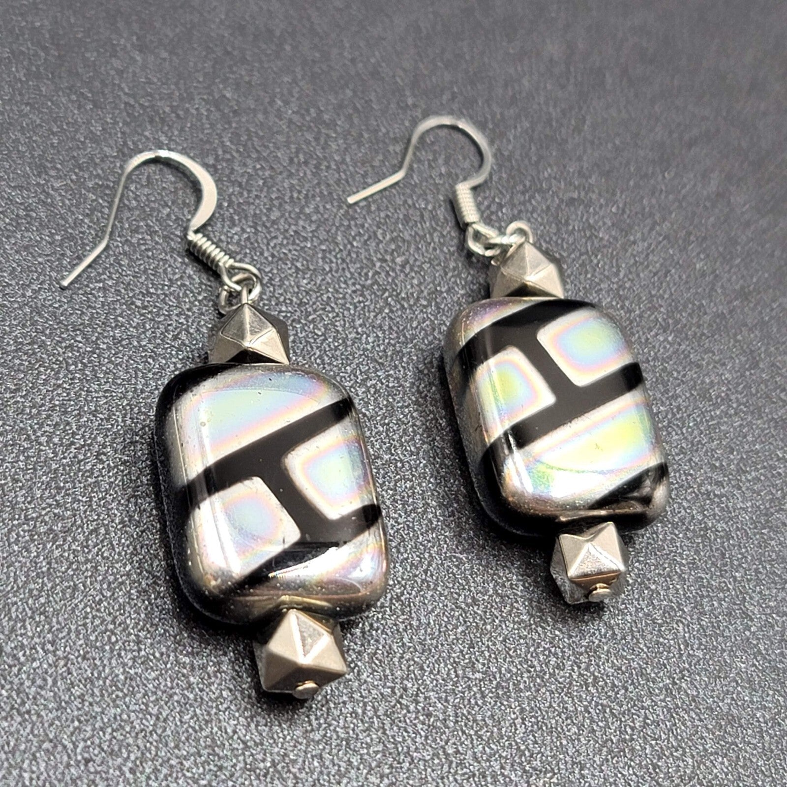 Pierced Earrings Unique Art Glass Beads Iridescent Rectangles 1 3/8"