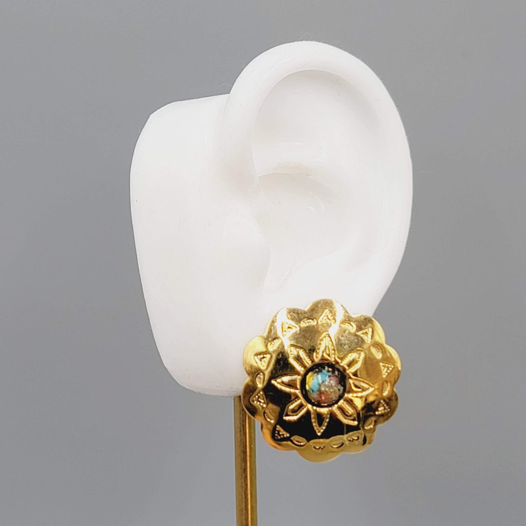 Vintage Southwest Concho Pierced Earrings Gold tone Foil Center Drop 1 1/8"