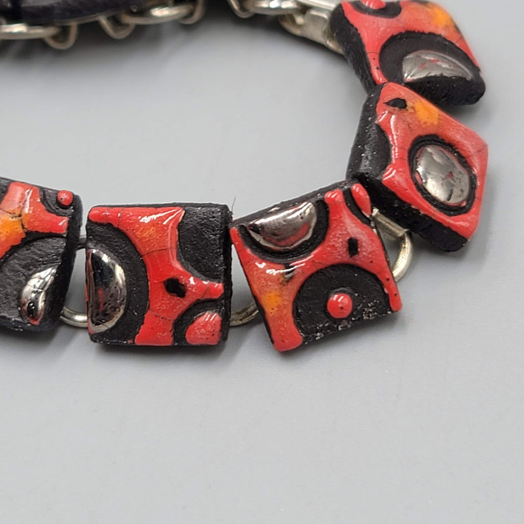Vintage Artisan Link Bracelet Red Polymer Geometric Squares Silver Tone 7"