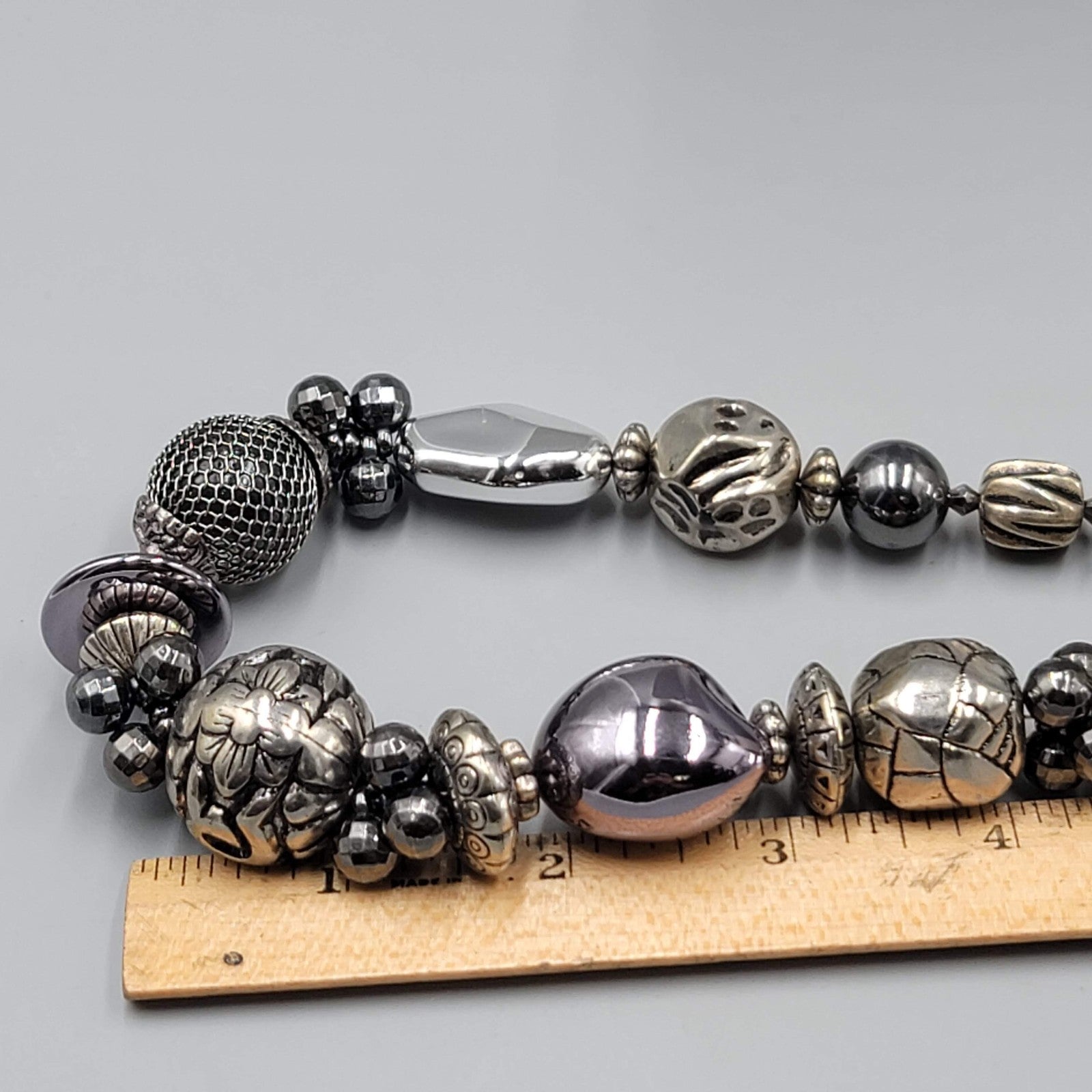 Large Statement Bead Necklace Silver toen Gray Black 16"-20"