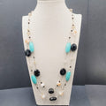 Blue Black White Stone Station Beaded Necklace Silver tone Layered  24"