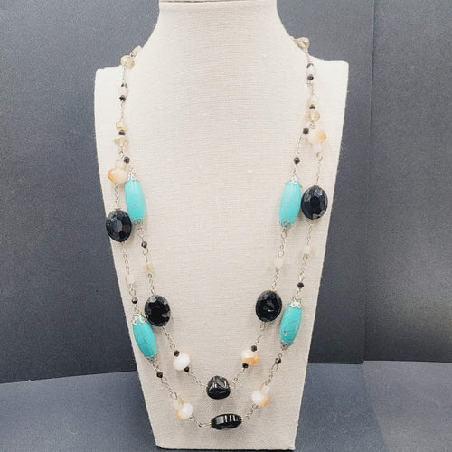 Blue Black White Stone Station Beaded Necklace Silver tone Layered  24"