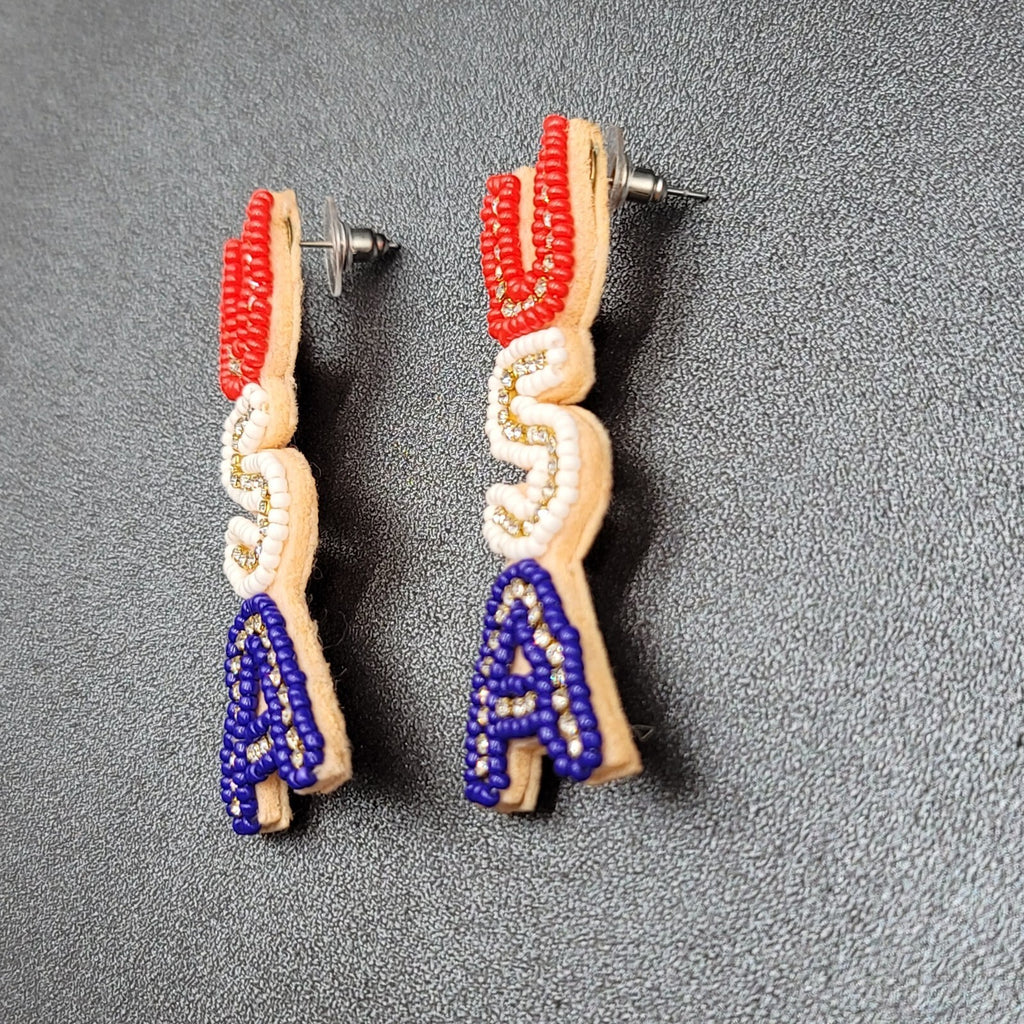USA Pierced Earrings Beaded Felt Patriotic 4th of July Red White Blue 2.5"
