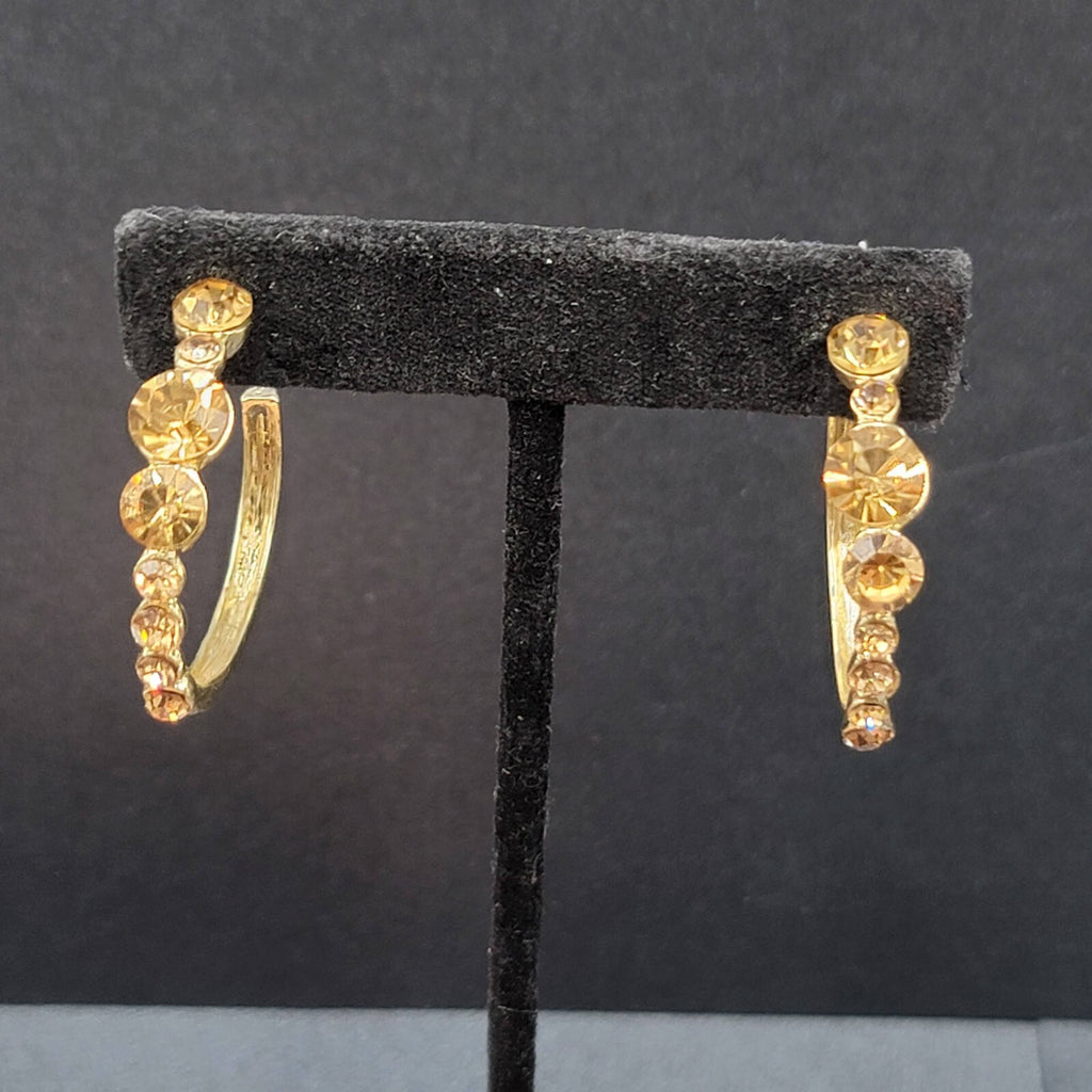 Pierced Earrings Gold tone Yellow Rhinestone Hoops 1.25"