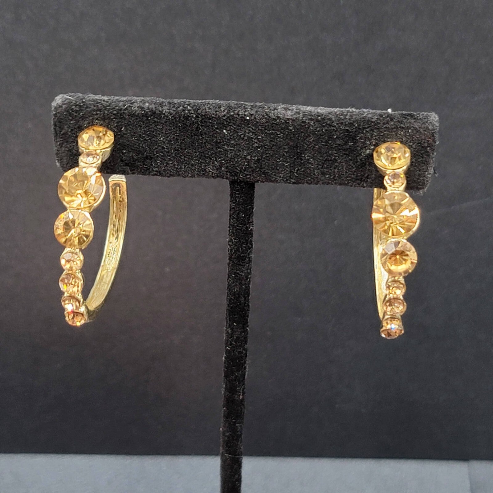 Pierced Earrings Gold tone Yellow Rhinestone Hoops 1.25"