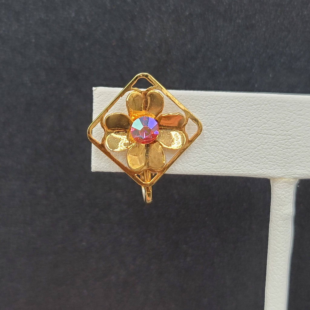 Vtg Clip on Earrings Gold tone Flower Aurora Borealis AB Rhinestone Studs 3/4"