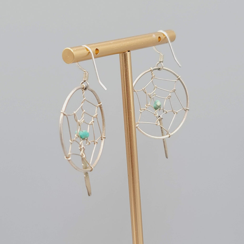 Vintage Silver tone Dreamcatcher Earrings Turquoise Feather Dangle 1.25"