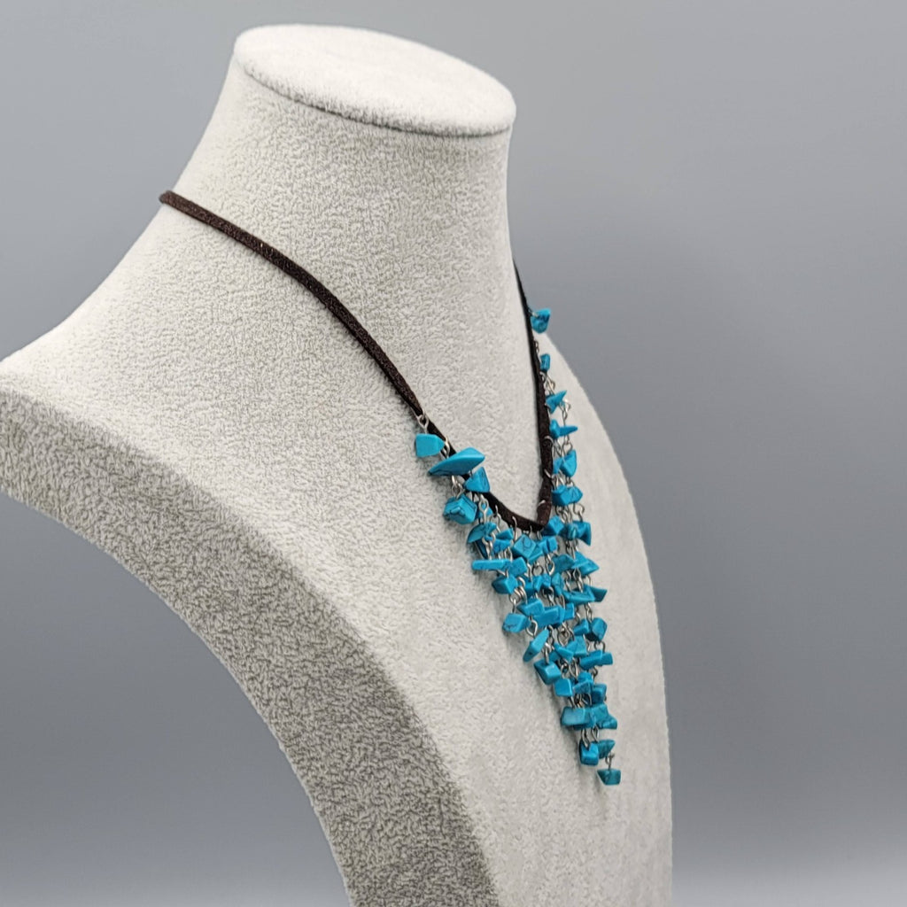 Blue Howlite Stone Chip Beads Waterfall Necklace Brown Suede Leather 16"-20"